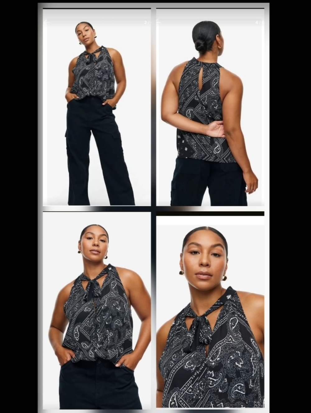 H&M Black Bandana Paisley Halter Neck Blouse Top Size Medium